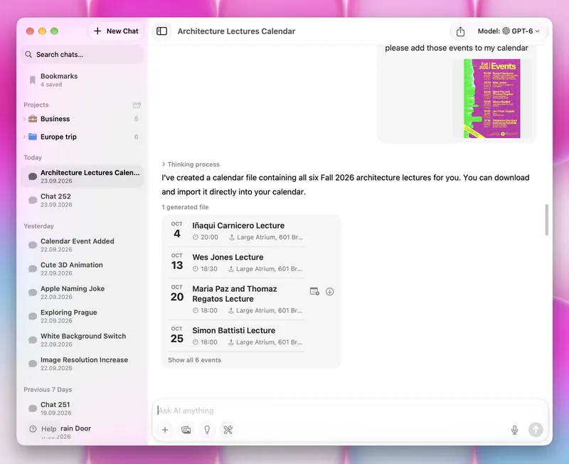 Fello AI turning a lecture poster into calendar event cards with dates, times and an Add to Calendar button