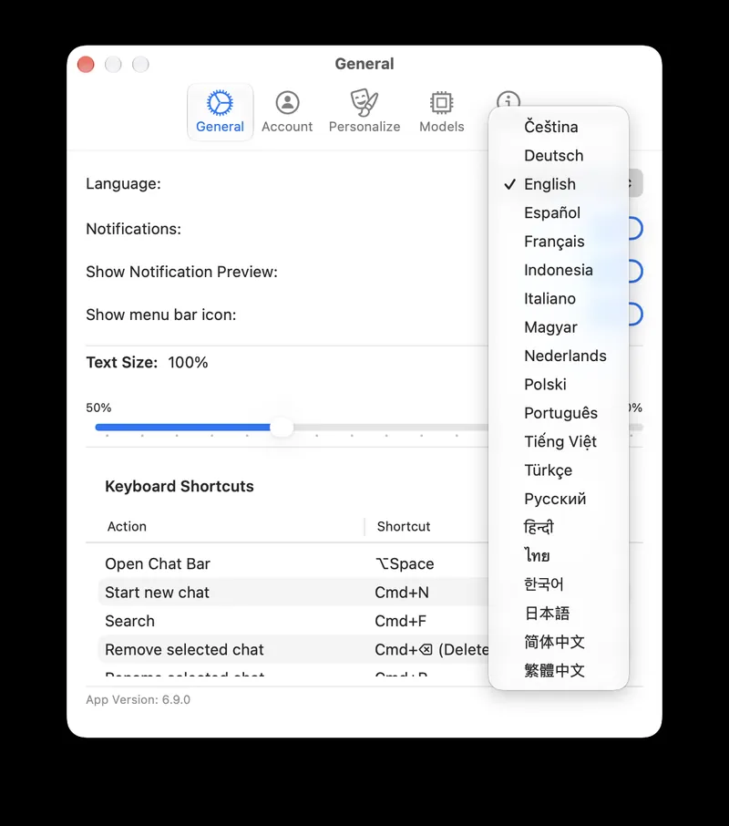 Fello AI settings on Mac with the language menu open, listing languages from Čeština to Traditional Chinese
