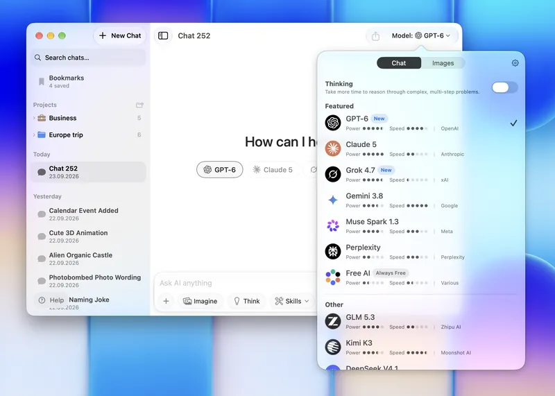 Fello AI model picker on Mac showing Power and Speed ratings for GPT-6, Claude 5, Grok 4.7, Gemini 3.8 and more, with a Thinking switch at the top
