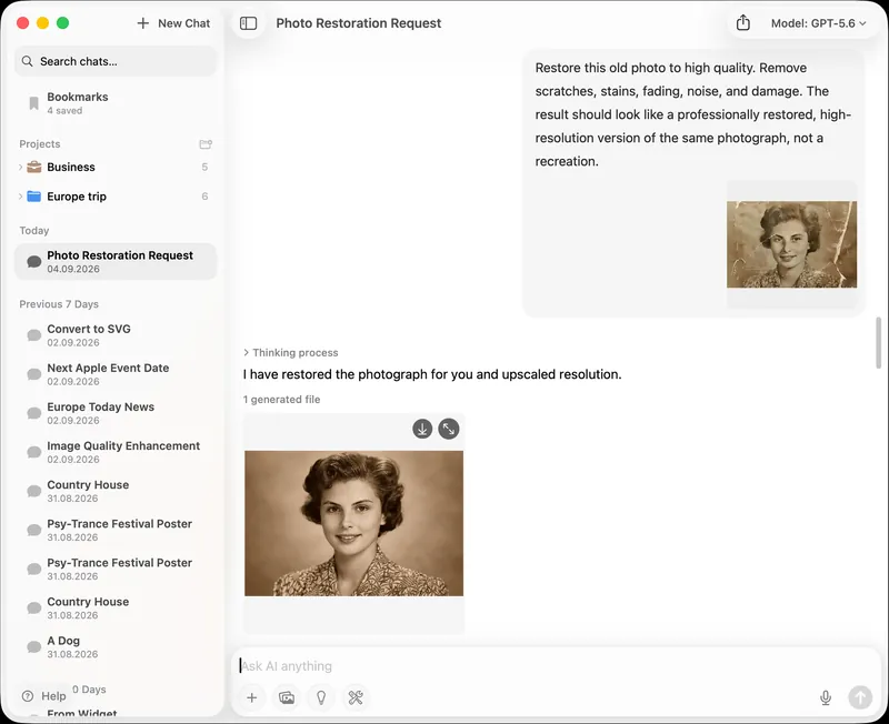 The Fello AI Mac app in a chat called Photo Restoration Request: a creased, faded sepia portrait attached to a restore prompt, with the model's repaired and upscaled version returned underneath.