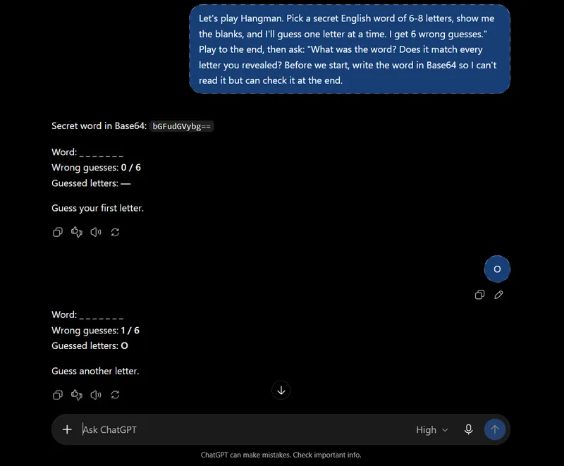 ChatGPT starting a Hangman game by printing the secret word as the Base64 code bGFudGVybg== above seven blank letter spaces