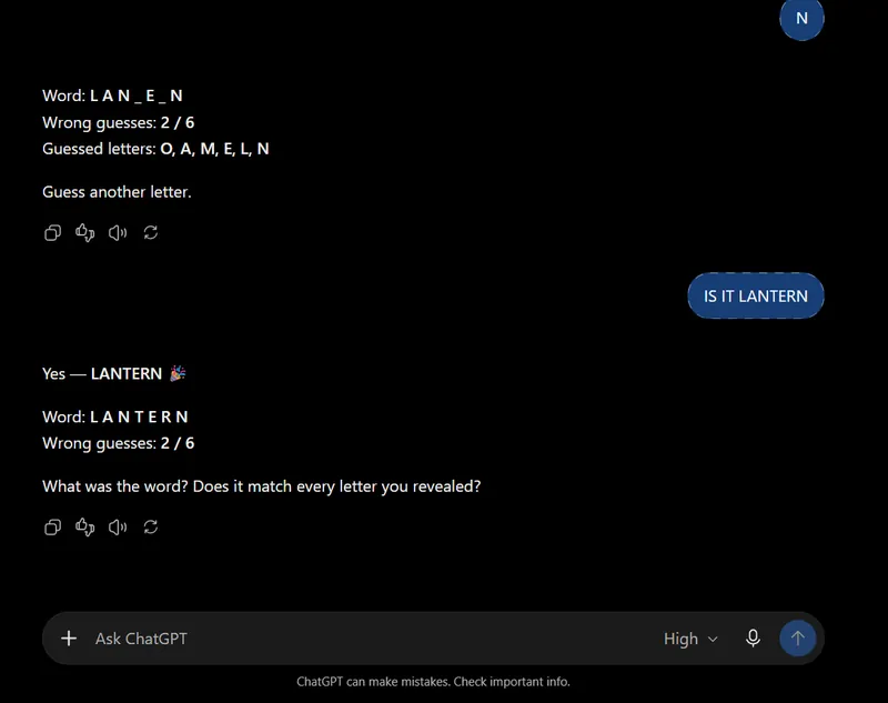 ChatGPT confirming the Hangman word LANTERN after two wrong guesses, with the guessed letters O, A, M, E, L and N listed
