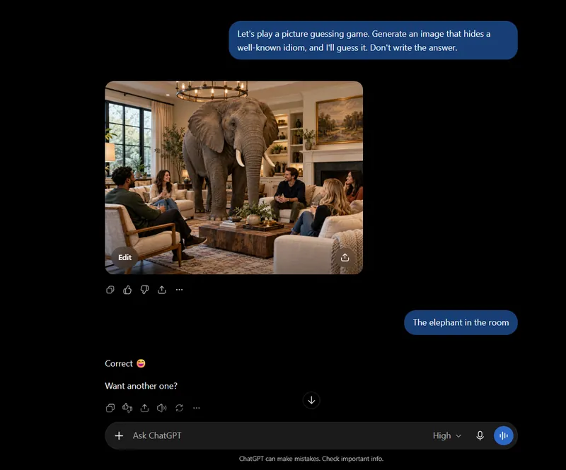 A ChatGPT-generated photo of an elephant standing in a living room among five people chatting on sofas, with the guess The elephant in the room marked correct