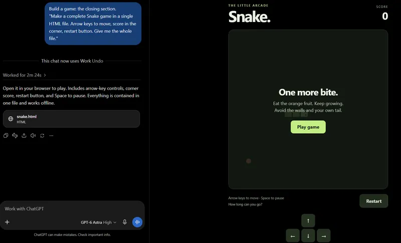 ChatGPT returning a snake.html file after working for 2 minutes 24 seconds, with a preview of the finished Snake game showing a score counter, Play game button and Restart button