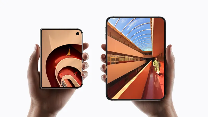 Two hands hold iPhone Duo, one folded shut showing the 5.4-inch outer display and one opened flat to the 7.6-inch inner display