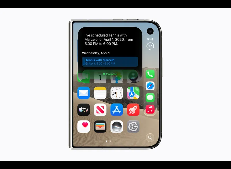 Siri AI on iPhone Duo creating a calendar event for a tennis match by pulling details from the user's apps