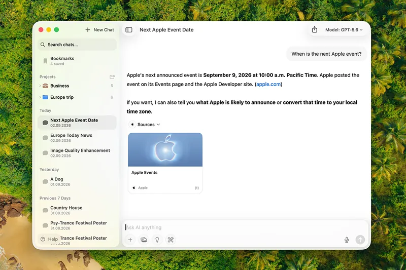 Fello AI answering 'When is the next Apple event?' with a grounded, up-to-date response and a cited Apple Events source