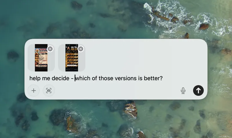 Fello AI Floating Chat Bar with two restaurant menu photos attached and the prompt help me decide which of those versions is better