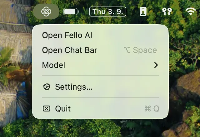 The Fello AI menu bar icon menu on Mac, showing Open Fello AI, Open Chat Bar with the Option Space shortcut, a Model picker, Settings, and Quit