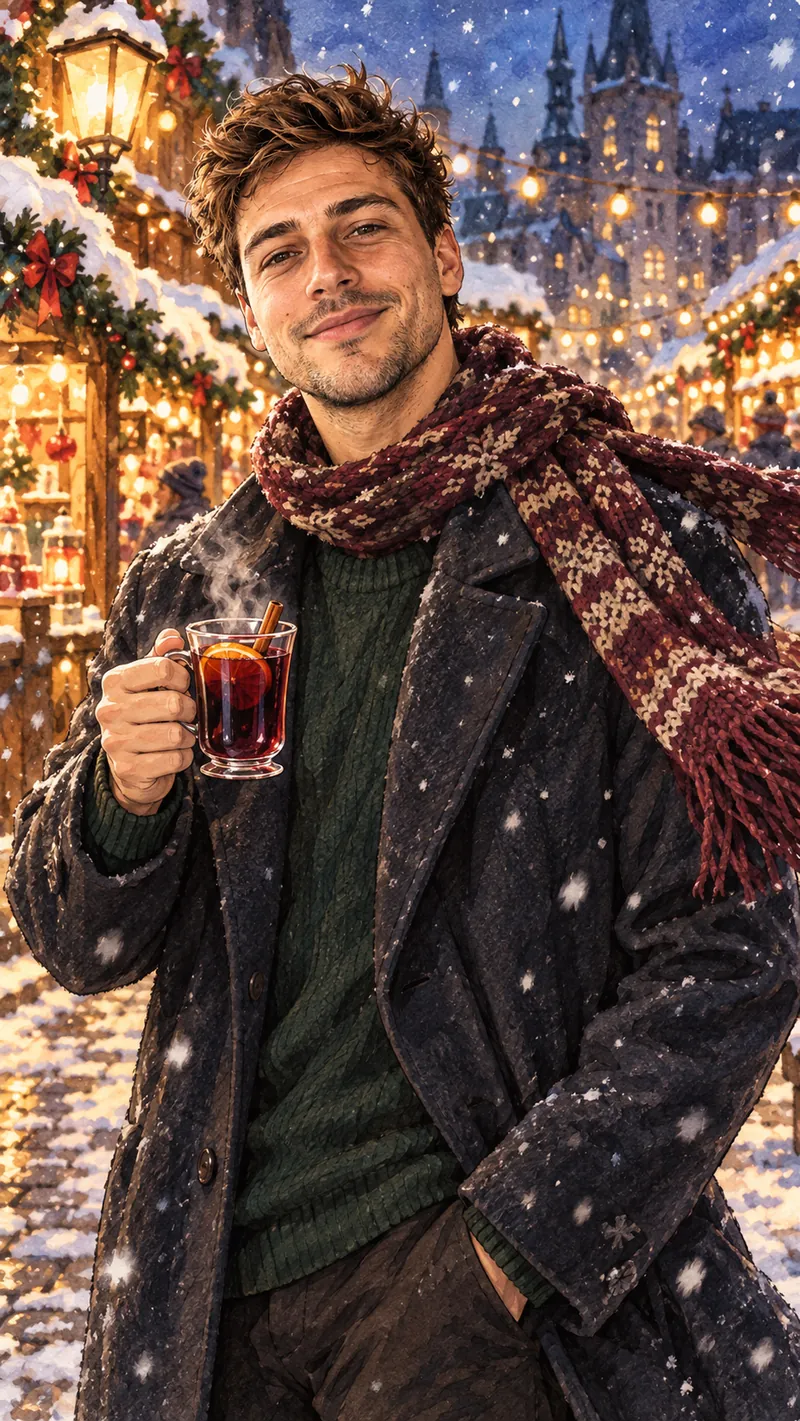 ChatGPT result for the anime prompt: a painterly illustration of the man in a dark wool coat and red patterned scarf holding a glass of mulled wine at a snowy evening Christmas market