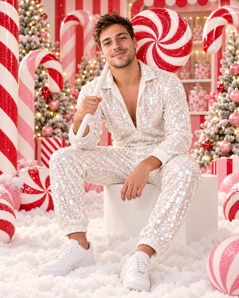 AI Christmas photo result in ChatGPT: the man from the reference selfie in a sparkly white sequin jumpsuit and white sneakers, sitting on a white cube in a candy cane studio with a giant peppermint lollipop on his shoulder, pink frosted trees and fake snow