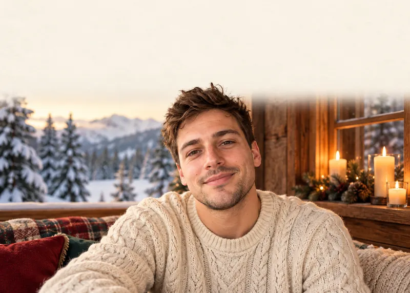 ChatGPT Christmas card with empty space: the man in a cream cable-knit sweater by a snowy cabin window with candles, with the top third faded to plain cream for a greeting