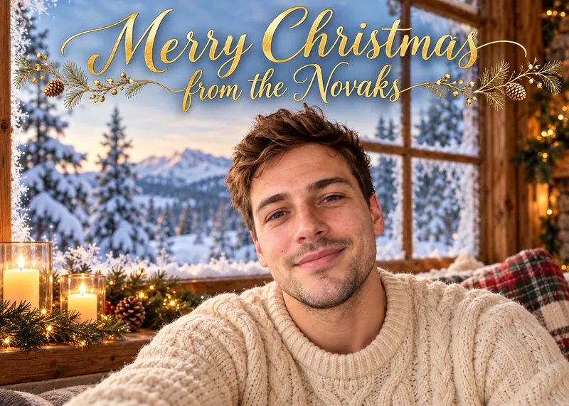 ChatGPT Christmas card with text: the man in a cream cable-knit sweater by a snowy cabin window with candles, under gold script reading Merry Christmas from the Novaks