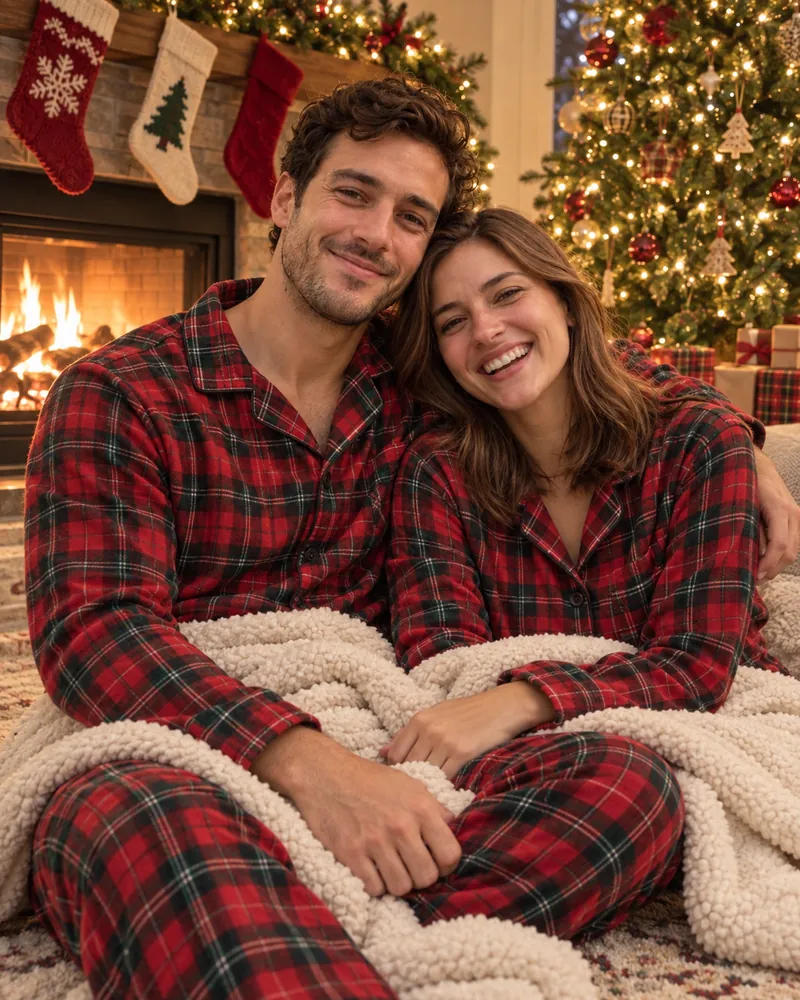 ChatGPT couple result: a curly-haired man and a woman with shoulder-length brown hair in matching red plaid pajamas, sharing a cream sherpa blanket in front of a fireplace with stockings and a lit Christmas tree