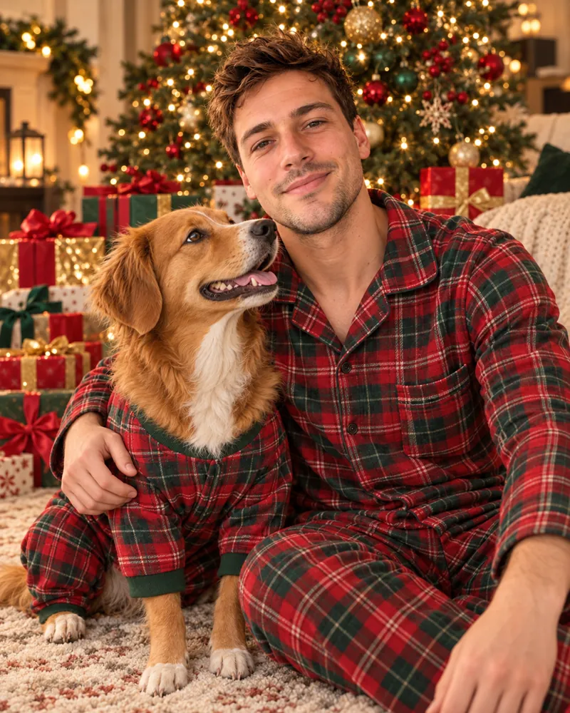 ChatGPT result for Google's holiday portrait prompt: the man and his golden-red dog in matching red and green plaid pajamas, sitting on a rug in front of a lit Christmas tree and wrapped gifts, the dog looking up at him