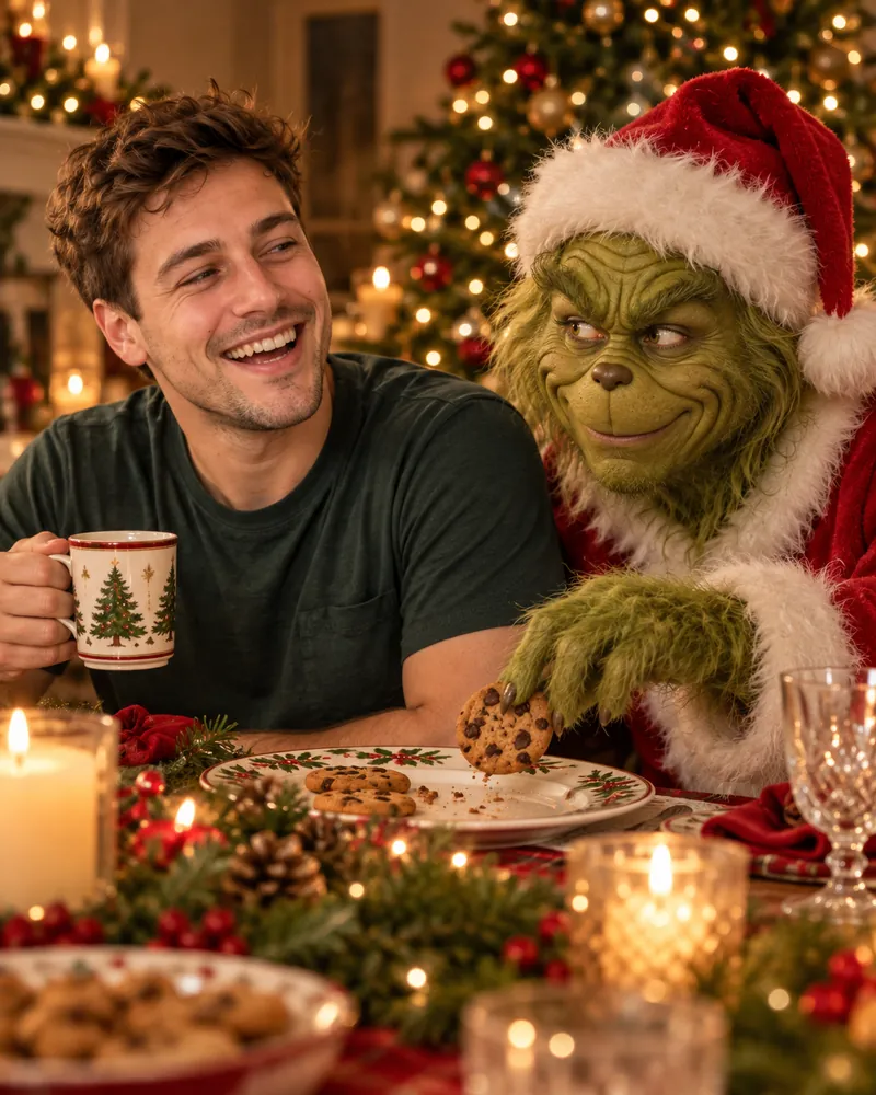 ChatGPT result for the prompt that described a grumpy green creature without naming it: the same Grinch-like character in a Santa hat taking a cookie while the man laughs and holds a Christmas mug