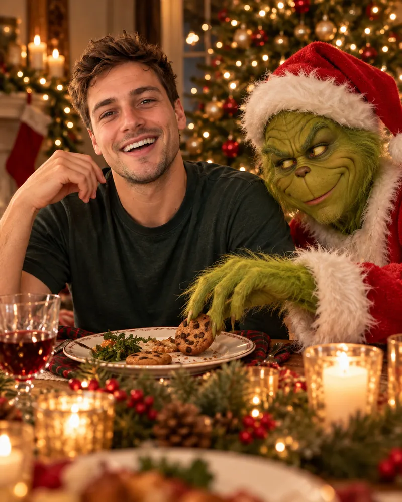 ChatGPT result for the named Grinch prompt: the man laughing at a candlelit Christmas dinner table while a furry green Grinch in a Santa hat reaches for a chocolate chip cookie on his plate