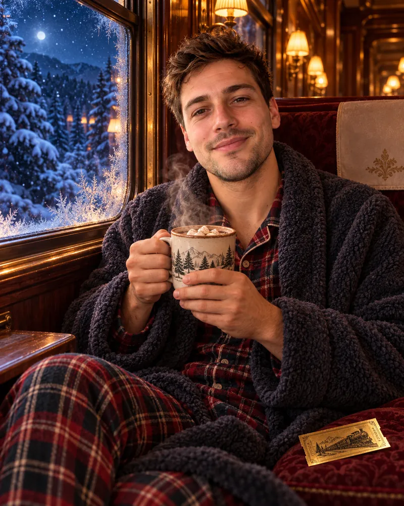 ChatGPT night train result: the man in plaid pajamas and a fleece robe holding a mug of hot chocolate with marshmallows in a wood-paneled train car, a snowy pine forest outside the frosted window and a gold ticket on the red velvet seat