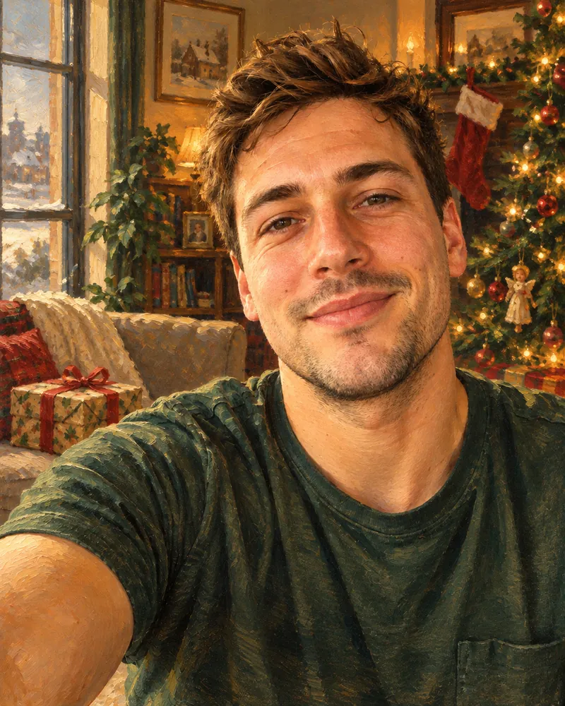 ChatGPT Norman Rockwell-style painting of the reference selfie: the same pose, smile and green T-shirt repainted in warm brushwork, with a stocking, a decorated tree, a wrapped present and a snowy town outside the window added