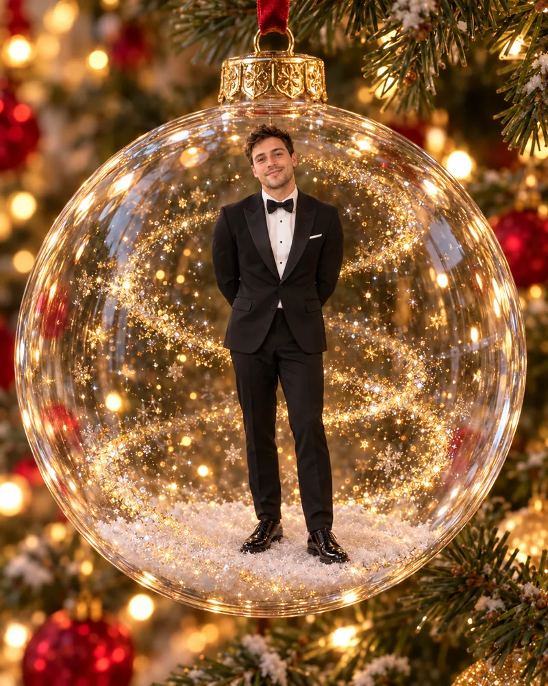 ChatGPT ornament result: the man in a black tuxedo and bow tie standing full-length inside a clear glass Christmas ornament on a tree, with gold glitter swirling around him and snow at his feet