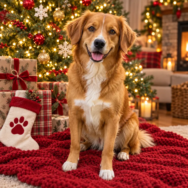 ChatGPT pet result: the golden-red dog with a white chest sitting on a red knit blanket by a lit Christmas tree, next to wrapped presents and a white stocking with a red paw print, wearing no costume