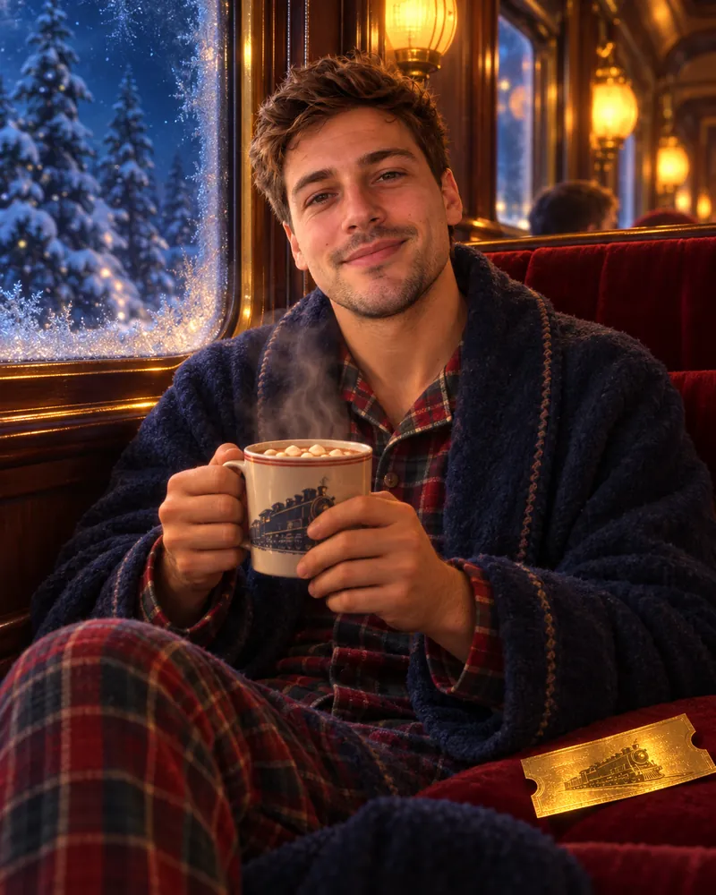 ChatGPT result when the prompt named The Polar Express: a near-identical night train scene with the man in a navy robe holding a train mug and a gold ticket printed with a steam engine on the seat