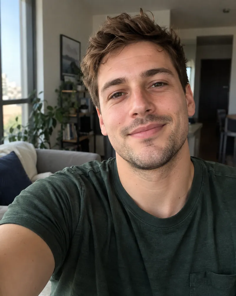 The AI-generated stand-in selfie used for every test: a smiling man with tousled brown hair and stubble in a dark green T-shirt, taking a selfie in a bright apartment living room