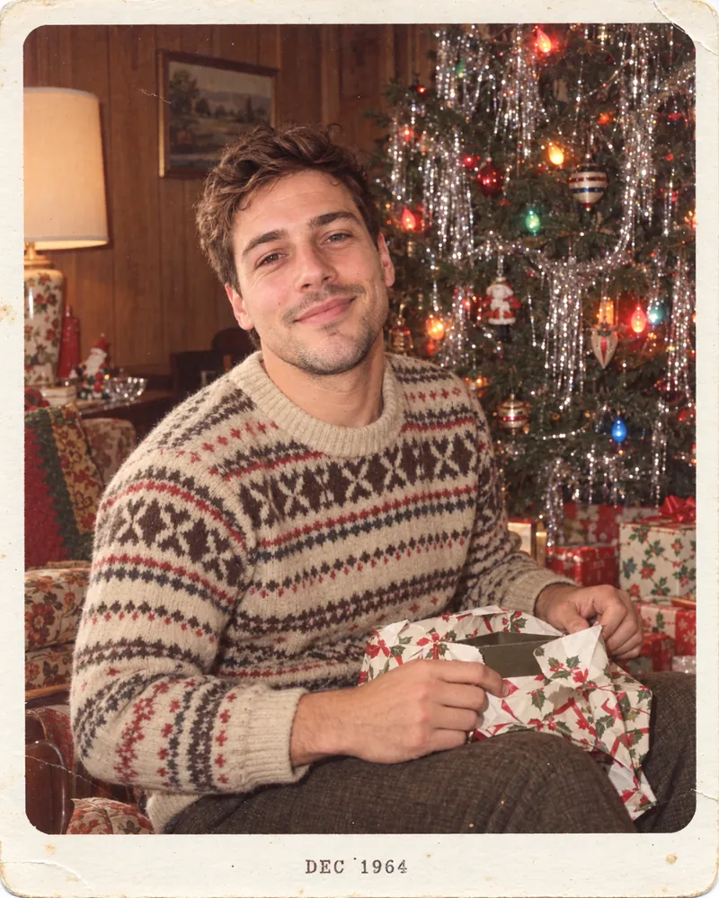ChatGPT vintage result: the man in a Fair Isle sweater unwrapping a holly-print present in a wood-paneled living room beside a tinsel tree with big colored bulbs, on a faded print with a white border dated DEC 1964