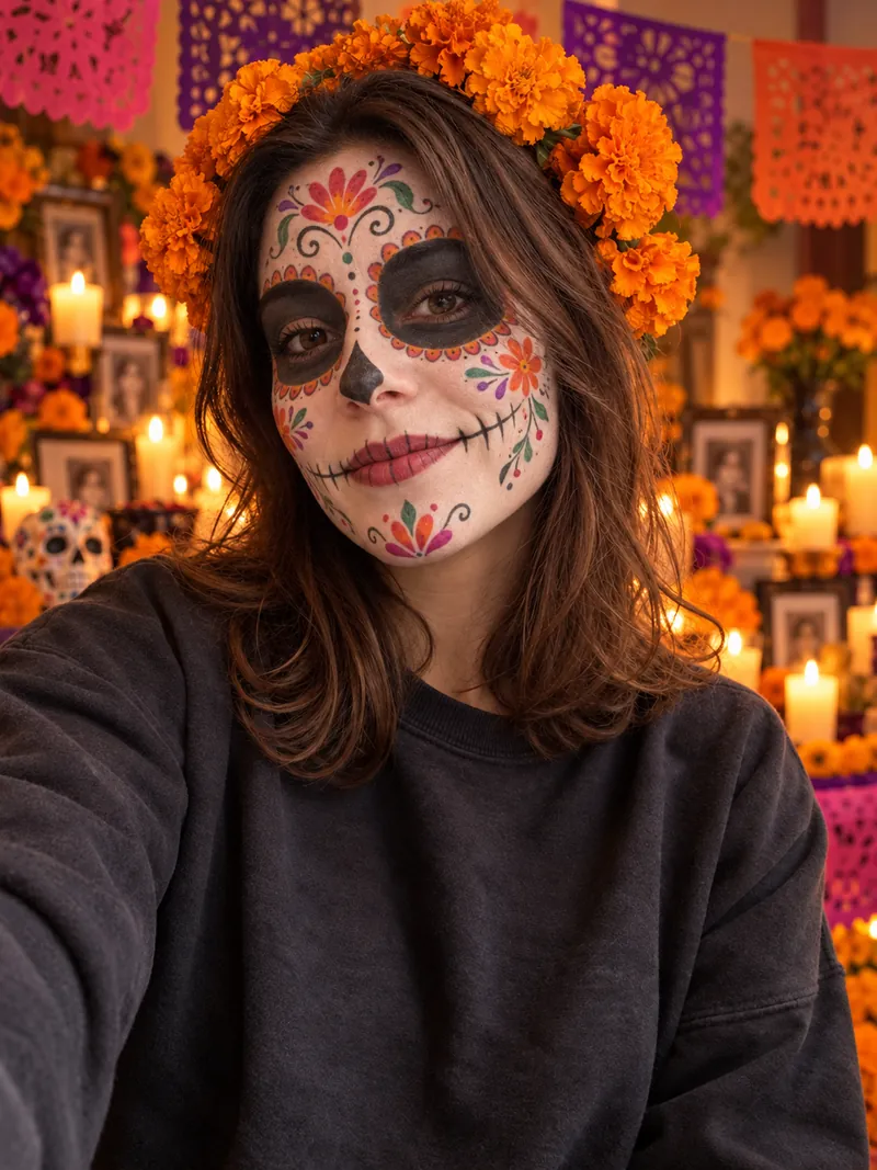 ChatGPT Día de Muertos portrait: the woman with white calavera face paint, black around the eyes and colorful flowers, wearing a crown of orange marigolds in front of an ofrenda with candles and papel picado