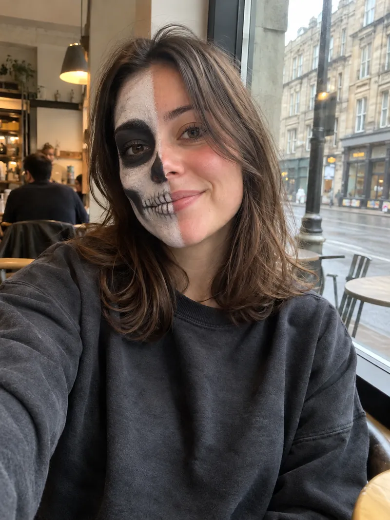 ChatGPT half-face skeleton edit: the original cafe selfie with black and white skeleton face paint on one half of the woman's face, including painted teeth and a dark eye socket