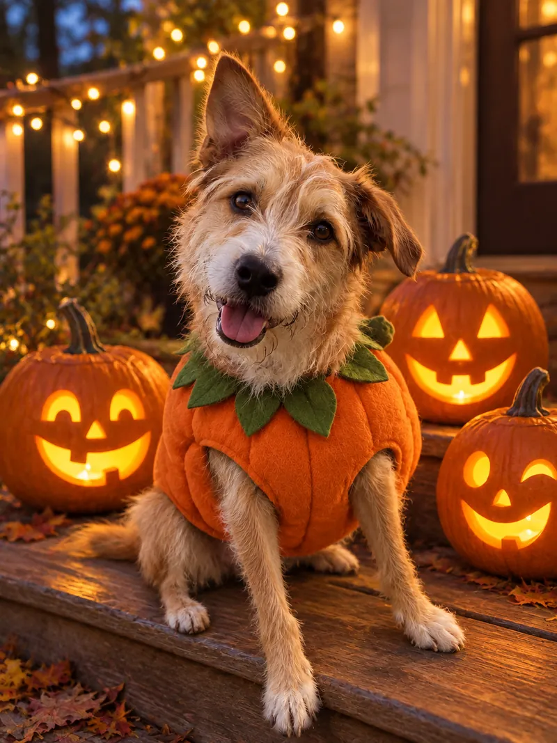 ChatGPT pet result: a scruffy tan terrier in a felt pumpkin costume with green leaf collar, sitting on a wooden porch step between glowing carved jack-o'-lanterns
