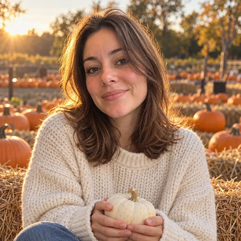 ChatGPT pumpkin patch profile picture: the woman in a cream chunky knit sweater holding a small white pumpkin on a hay bale, backlit by golden sun with rows of orange pumpkins behind