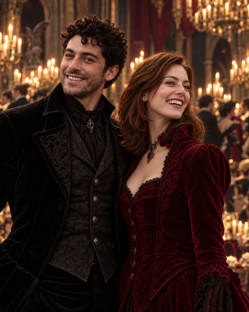 ChatGPT vampire couple result: a curly-haired man in a black velvet suit and a red-haired woman in a deep red velvet gown, smiling in a candlelit ballroom with chandeliers