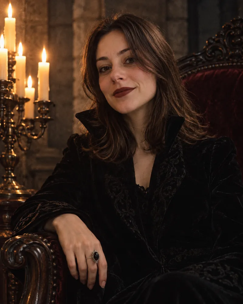 ChatGPT vampire portrait: the woman from the reference selfie with dark red lips in a black velvet high-collared coat, seated in a carved red chair beside a lit candelabra in a stone room