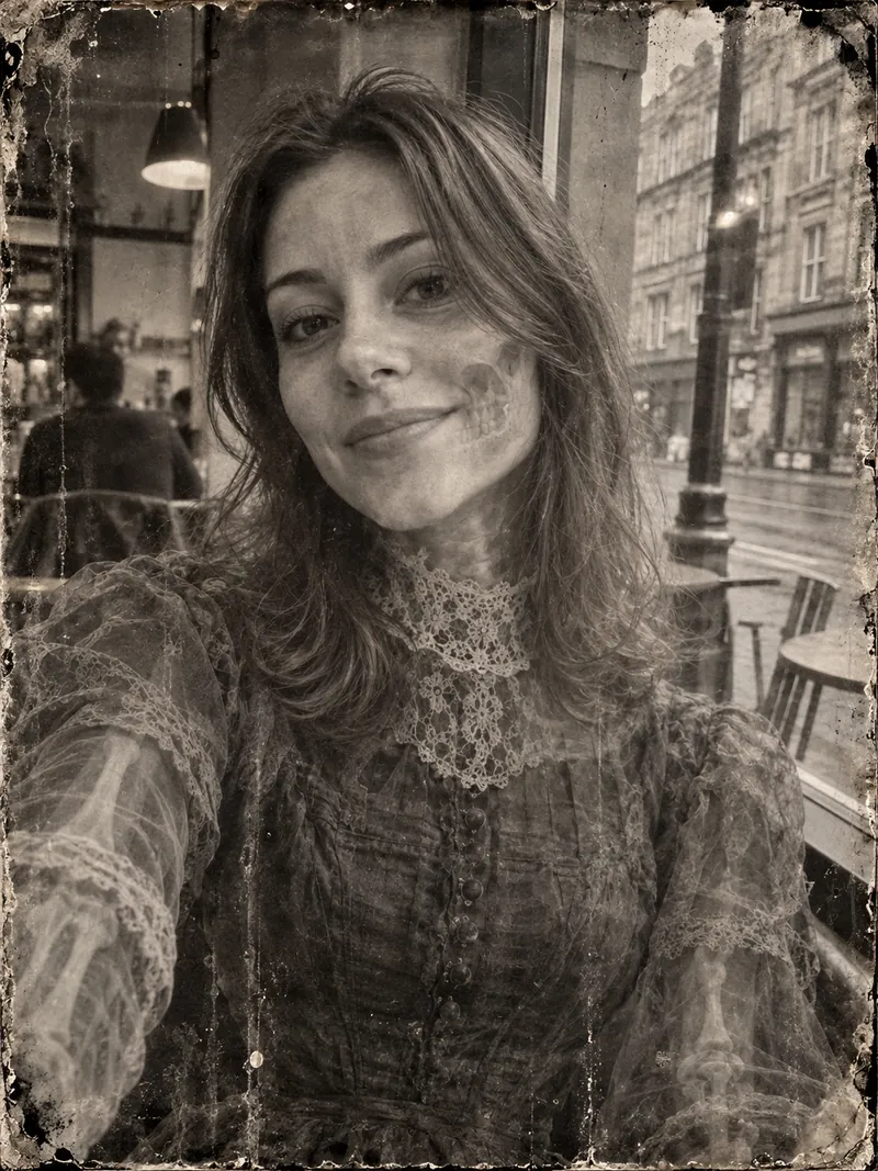 ChatGPT result for Google's Victorian ghost prompt: a sepia daguerreotype of the same woman in a lace Victorian dress, with faint skeletal bones showing through her cheek and arms, in the original cafe pose