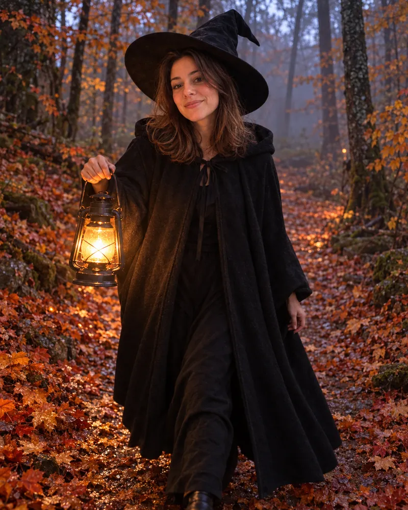 ChatGPT witch photo: the woman in a long black hooded cloak and a pointed witch hat, holding a lit lantern on a foggy forest path covered in orange and red leaves at dusk