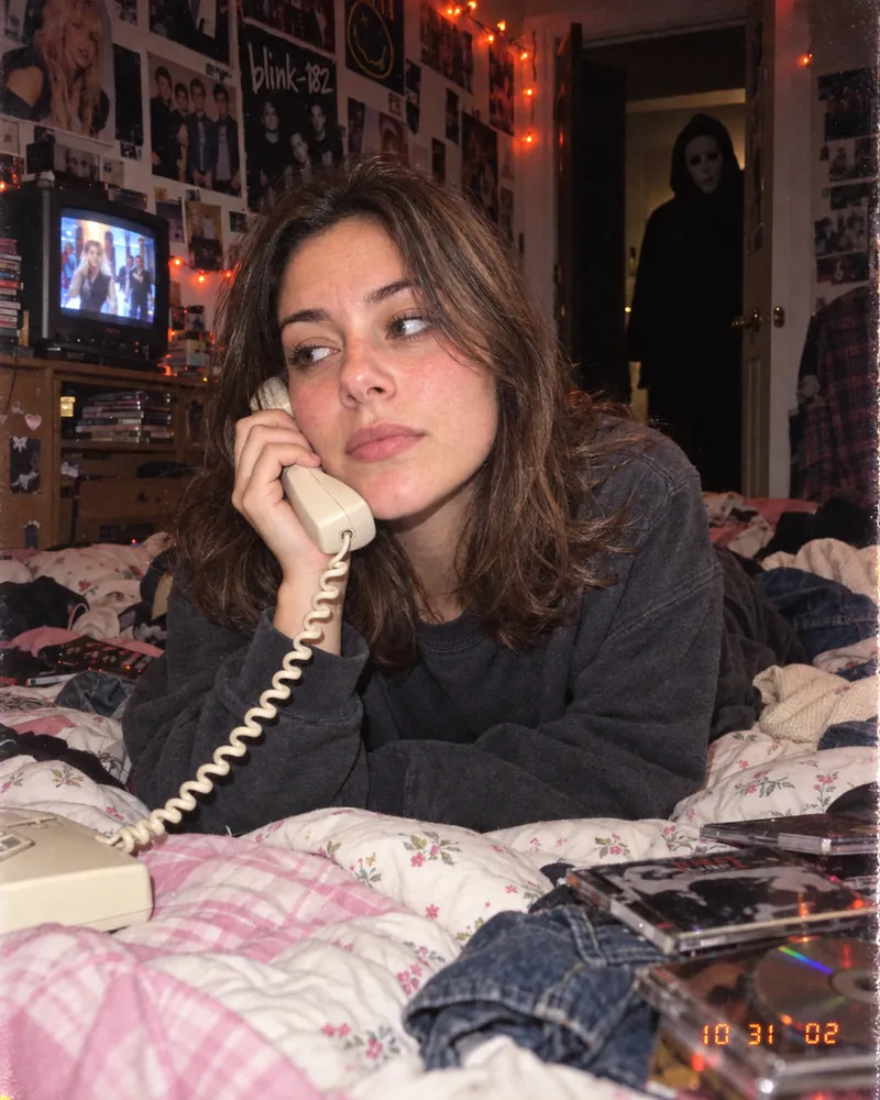 AI Halloween trend result in ChatGPT: the woman from the reference selfie lying on a floral bed in a cluttered 2000s bedroom, holding a corded phone under a hard flash, with a figure in a black robe and white mask in the doorway and a 10 31 02 date stamp