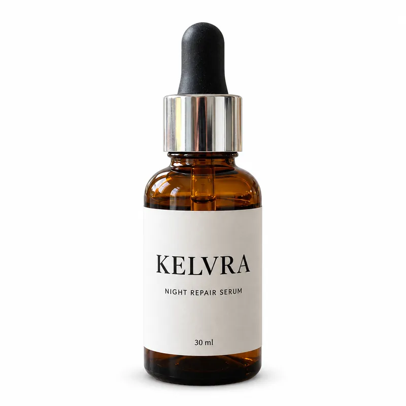 ChatGPT result for prompt 1: the KELVRA Night Repair Serum bottle centred on a pure white background, label text unchanged