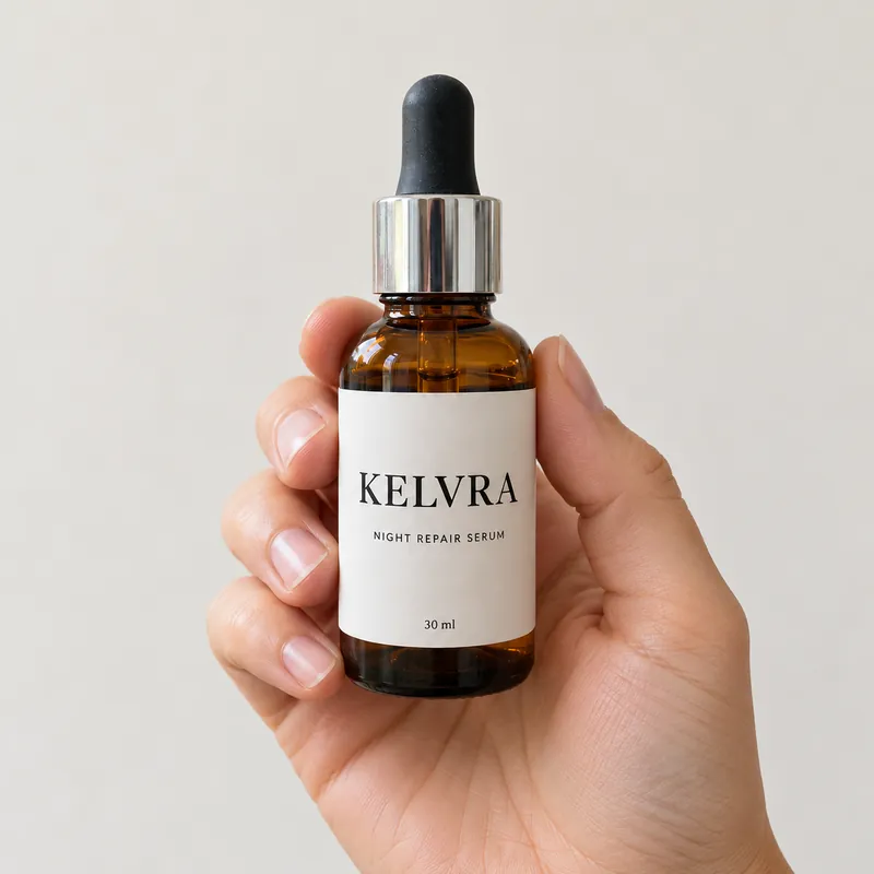 ChatGPT result for prompt 10: one hand holding the KELVRA serum bottle against a plain light background, showing its real size
