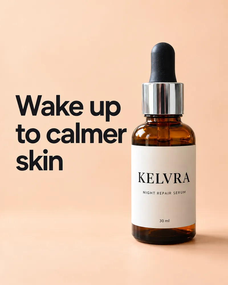 ChatGPT result for prompt 14: a 4:5 social ad with the headline Wake up to calmer skin in bold black type on the left and the KELVRA serum bottle on the right, on a soft peach background
