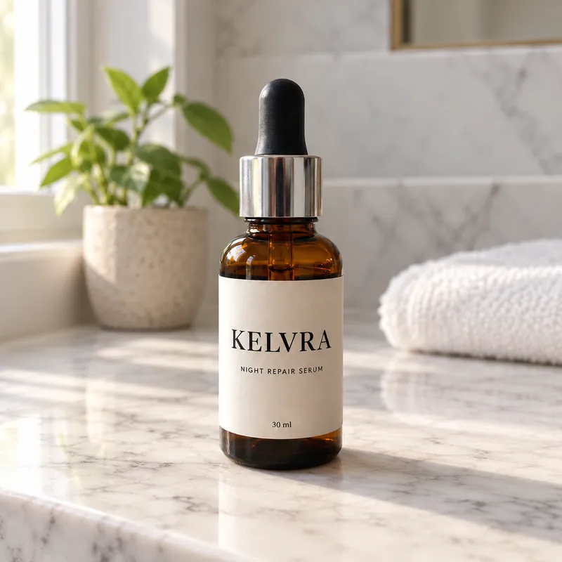 ChatGPT result for prompt 4: the KELVRA serum bottle on a white marble bathroom shelf in morning window light, with a potted plant and a folded white towel behind it