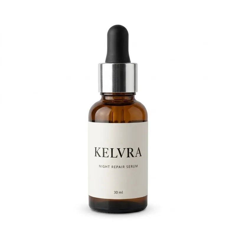 Gemini result for prompt 1: the KELVRA Night Repair Serum bottle on a pure white background with more white space around it, label text unchanged