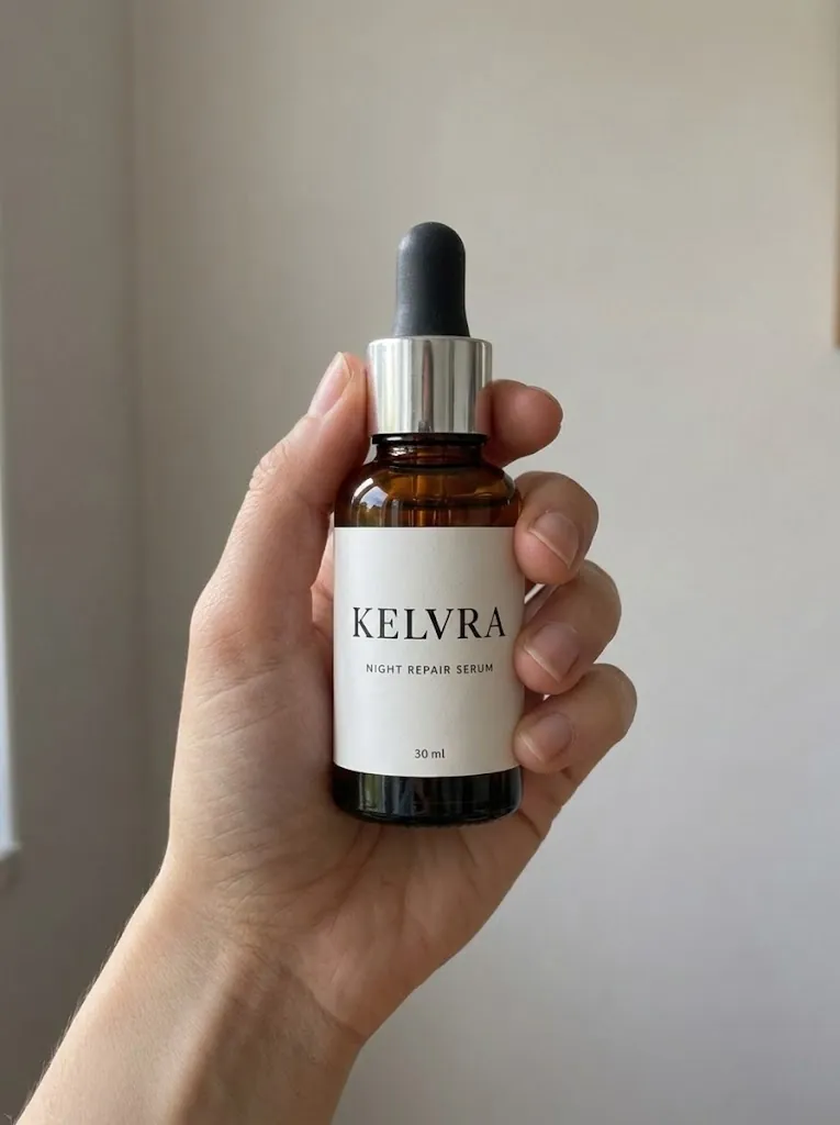 Gemini result for prompt 10: one hand holding the KELVRA serum bottle in daylight in front of a pale wall, in the style of a phone photo