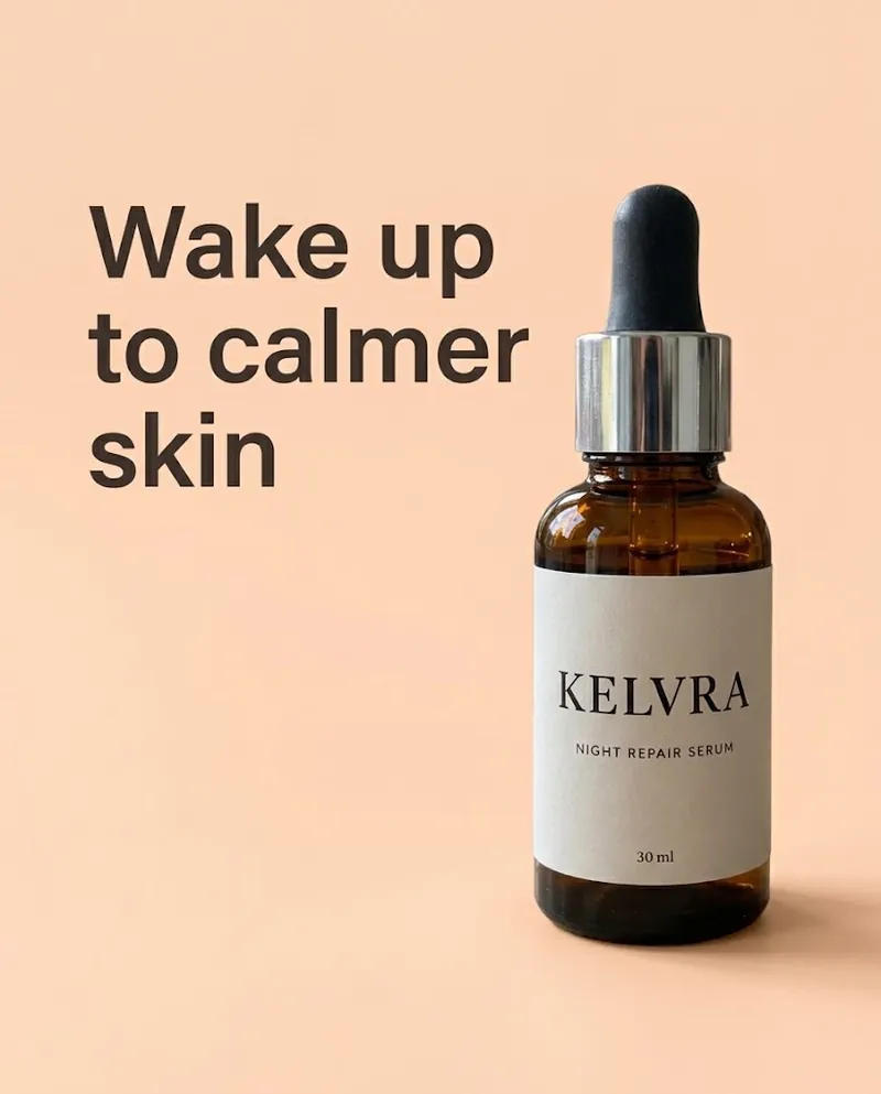 Gemini result for prompt 14: a 4:5 social ad with the headline Wake up to calmer skin in dark brown type on the left and the KELVRA serum bottle on the right, on a soft peach background