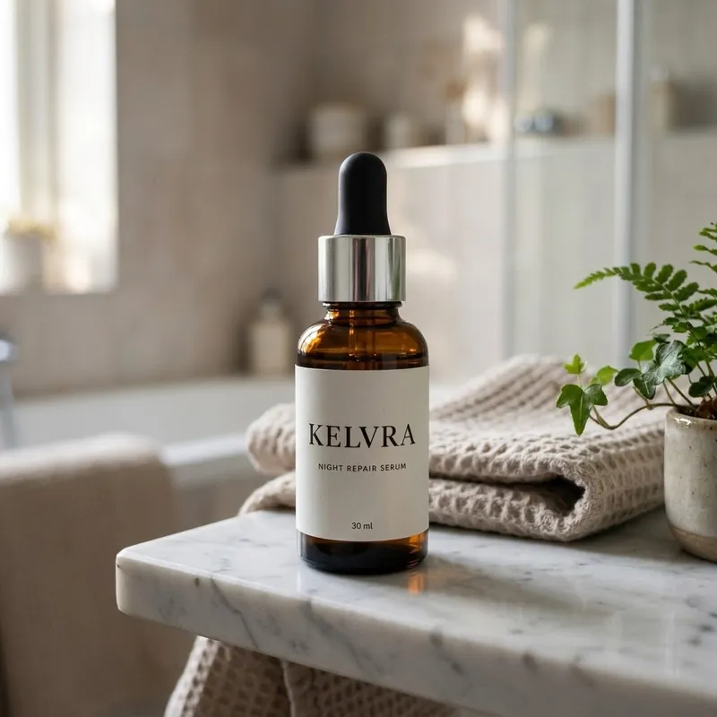 Gemini result for prompt 4: the KELVRA serum bottle on a white marble shelf in a bathroom, with a folded beige waffle towel and a small fern beside it