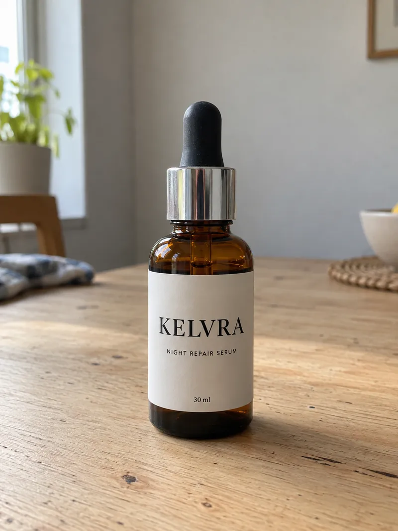 The starting photo for the test: an amber KELVRA Night Repair Serum dropper bottle, 30 ml, standing on a wooden kitchen table with a plant and a window behind it