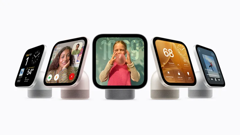 Five Apple HomeView displays in a row on domed speaker bases in silver, starlight, rose pink and space gray, showing a clock, a FaceTime call, a photo, a thermostat and a music face.