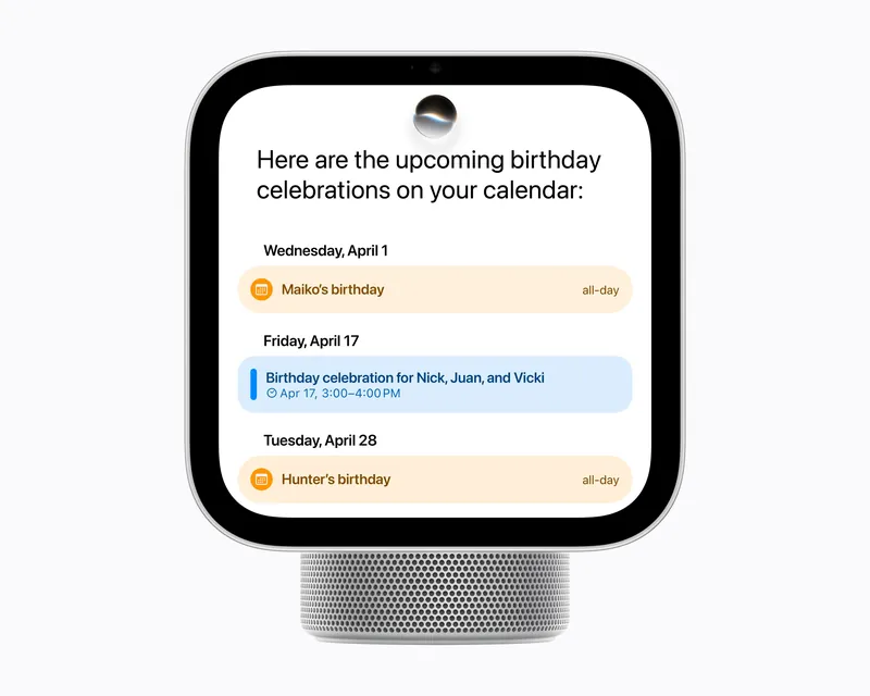 Apple HomeView showing a Siri AI answer that lists the upcoming birthday celebrations from the user's calendar for April.