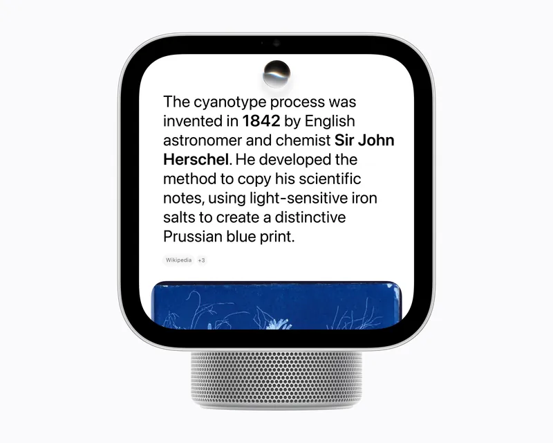 Apple HomeView answering a general question with a Siri AI explanation of how the cyanotype process was invented in 1842 by Sir John Herschel, above a blue cyanotype print.