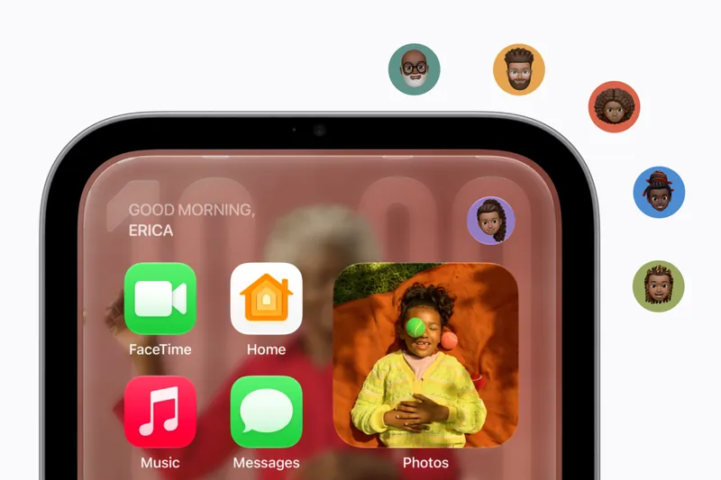 Apple HomeView greeting a user with Good Morning, Erica above her own Home Screen of FaceTime, Home, Music, Messages and Photos, with five other household profile avatars floating beside it.